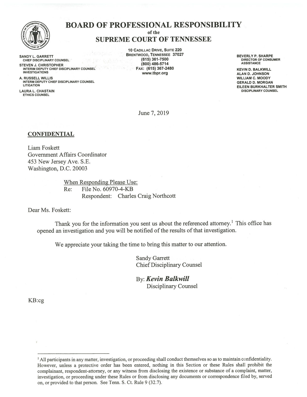 Letter from TBPR
